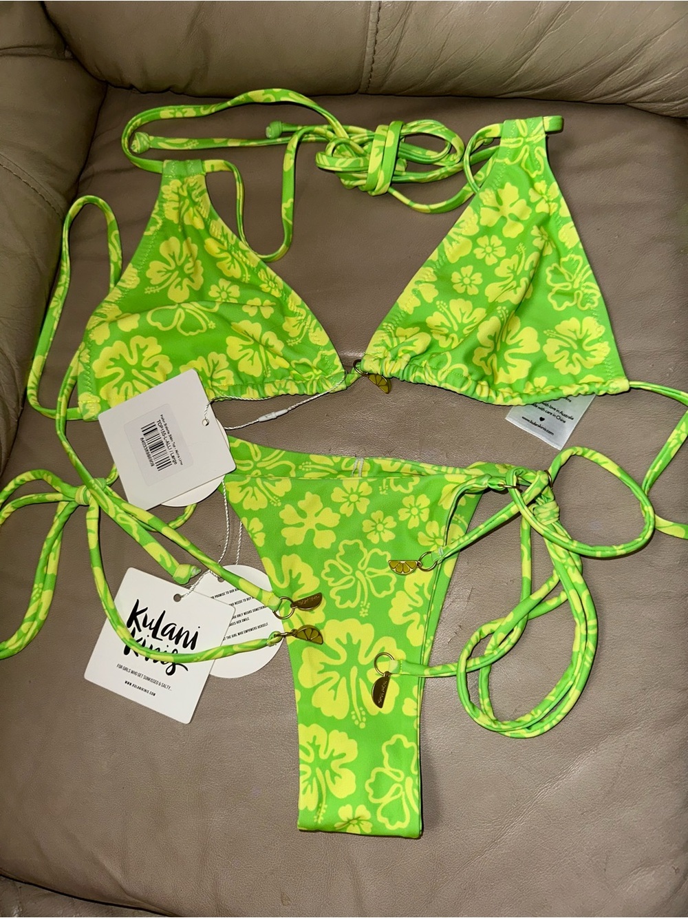 Kulani Kinis Aloha Lime Neon Green Floral double strap Bikini